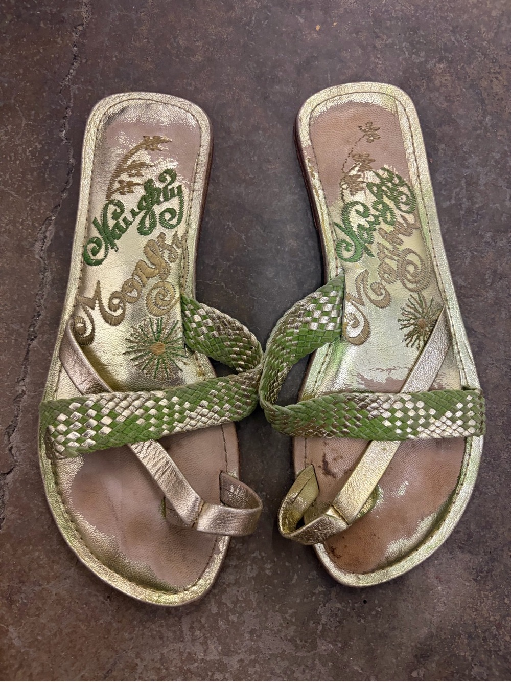 Metallic Gold & Green Woven Slide Sandals - Women boho‎ gypsi